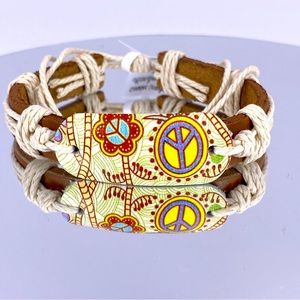Vintage Trendy Genuine Leather Peace Sign Brown Boho Bracelet- FREE GIFT BOX